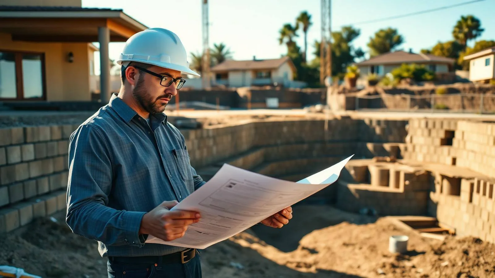 Structural concrete work being assessed at a Los Angeles residential property