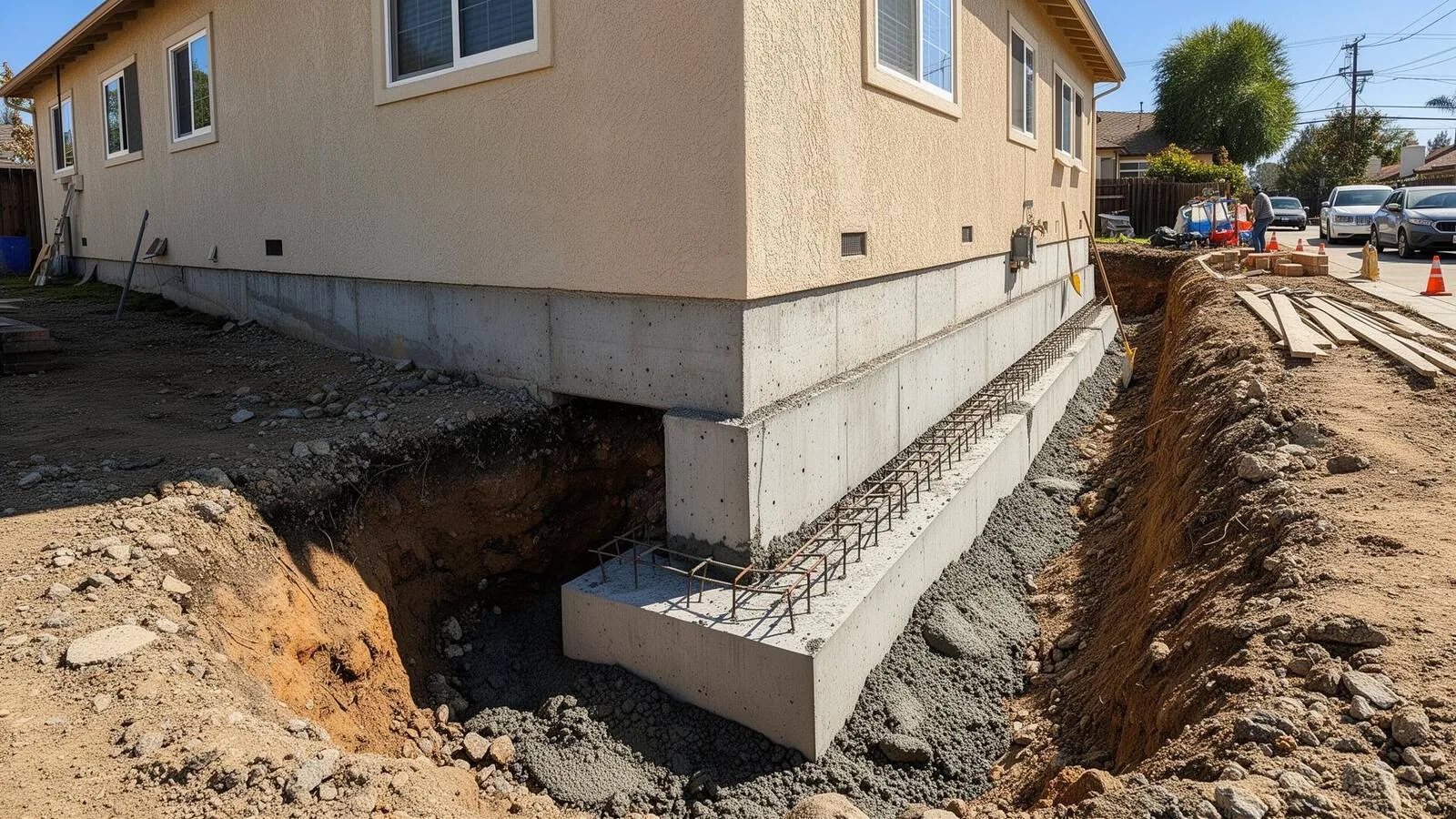 Reinforced concrete footing extension at a Los Angeles residential foundation