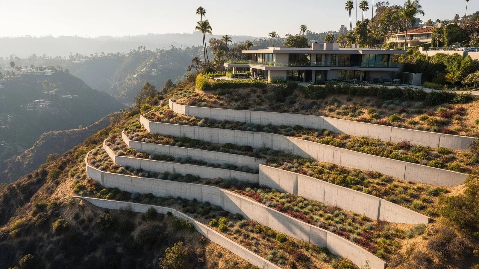 Terraced hillside stabilization in the Hollywood Hills